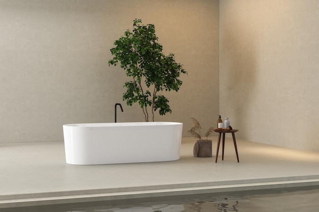 Belle baignoire blanche posée sur un sol en béton dans une salle de bain minimale, avec plante, piscine, béton