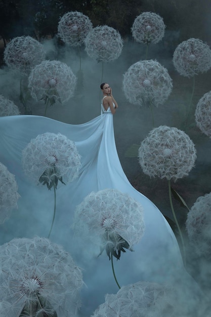 Photo belle ballerine avec des fleurs de pissenlits géantes