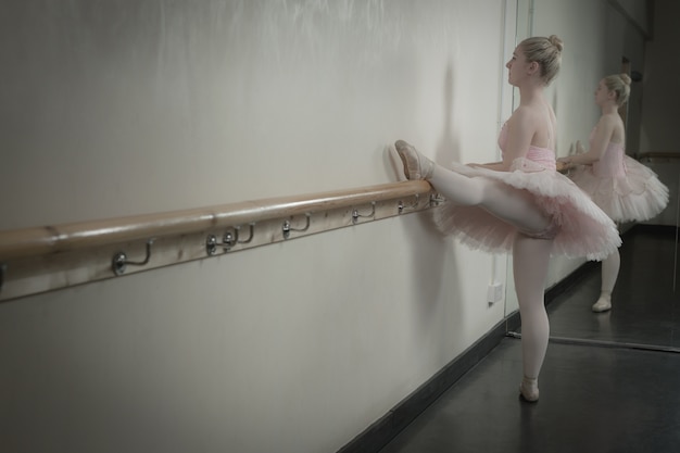 Photo belle ballerine s'échauffant avec la barre