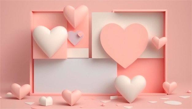 Belle bannière horizontale avec une texture de papier aux tons rose pastel décorée de coeurs fond de mariage Espace de copie Modèle Happy Valentine39s Day Couleurs pastel générées par l'IA