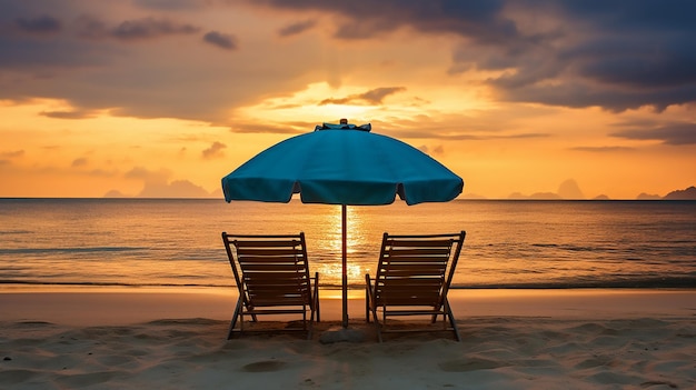 Une belle bannière de plage tropicale avec deux chaises et un parapluie bleu sur un coucher de soleil sur une île tropicale Un paysage de plage incroyable