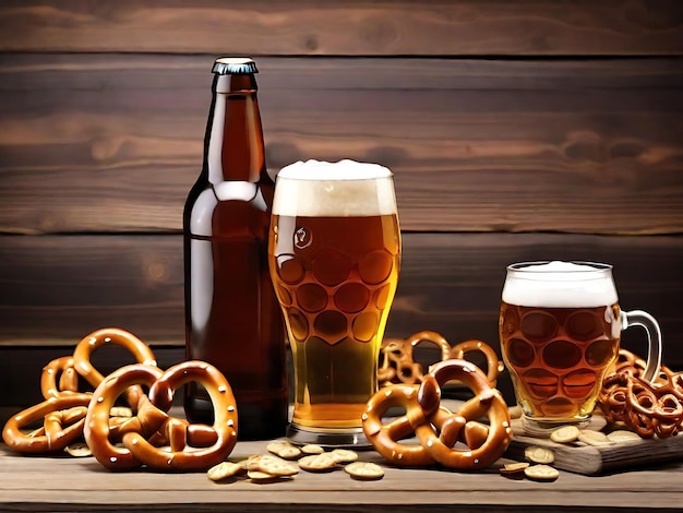 Photo une belle bière et des galettes salées sur une table en bois oktoberfest