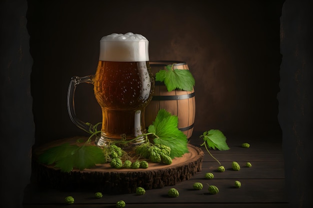 Belle bière avec de la mousse dans un verre à bière classique dans un art généré par un réseau de neurones de scène sombre