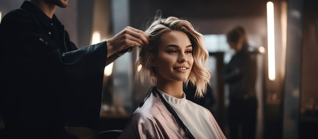 Une belle blonde assise sur la chaise et parle coiffeur salon de coiffure obtient une nouvelle coupe de cheveux