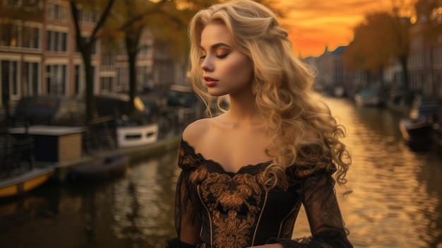 Belle blonde en automne à Amsterdam