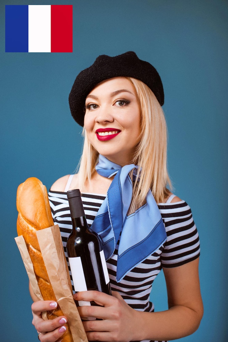 Photo belle blonde femme française en écharpe béret dos et chemise blanche avec bouteille de vin