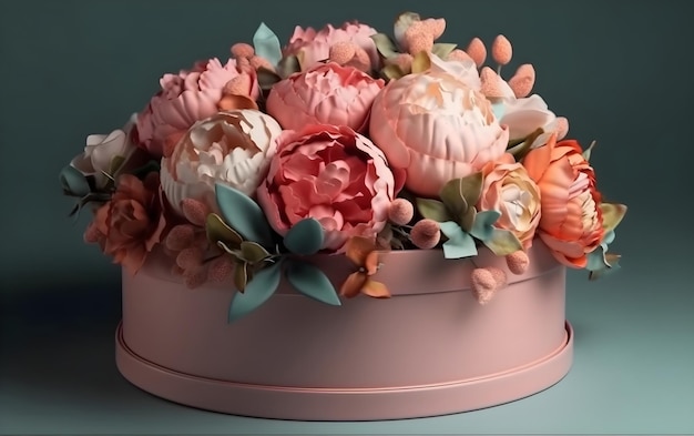 Belle boîte à chapeau remplie d'un bouquet de pivoines et de roses Generative AI