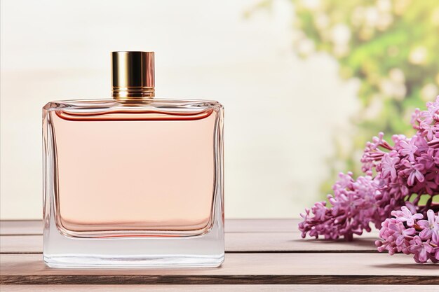 Photo une belle bouteille d'eau parfumée et un rameau de lilas en fleurs