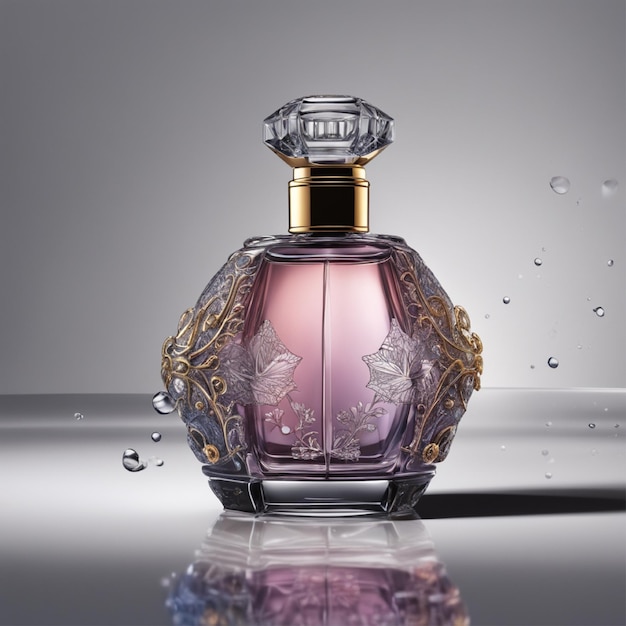 Une belle bouteille de parfum avec de l'eau dessus avec une boîte de luxe sombre présentée dans un environnement sombre