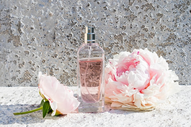 Belle bouteille de parfum féminin sur fond gris ciment avec une fleur chic de modèle de vue de face de pivoine parfumée pour parfum