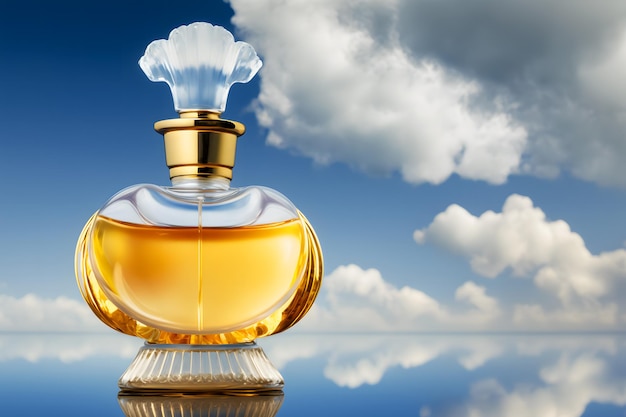 Belle bouteille de parfum sur fond de ciel et de nuages Réseau de neurones Art généré par l'IA