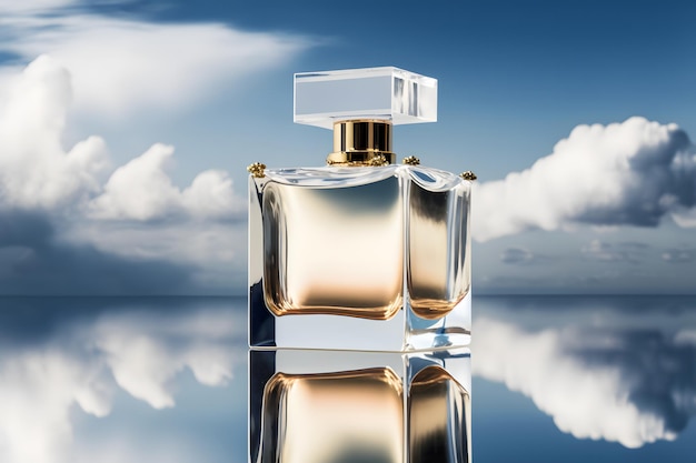 Belle bouteille de parfum sur le fond du ciel et des nuages Art généré par le réseau de neurones