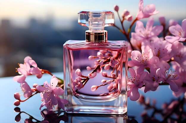 Photo une belle bouteille de parfum en verre et des fleurs.