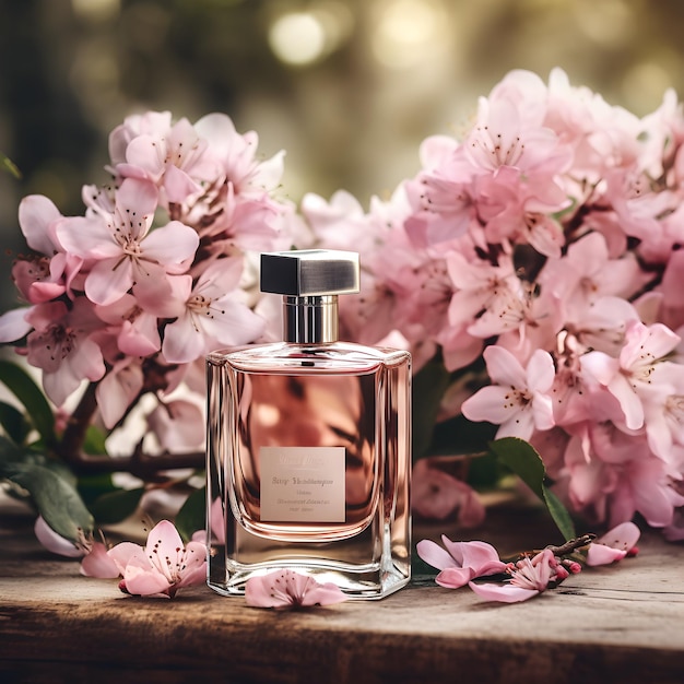 Belle bouteille de spray cosmétique ou de parfum sur fond de bois avec des fleurs roses