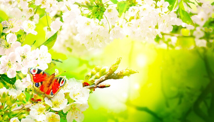 Photo belle branche d'arbre fleuri au printemps avec papillon