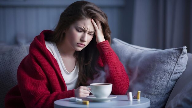 Une belle brune caucasienne vêtue d'un pull rouge avec un mal de tête douloureux