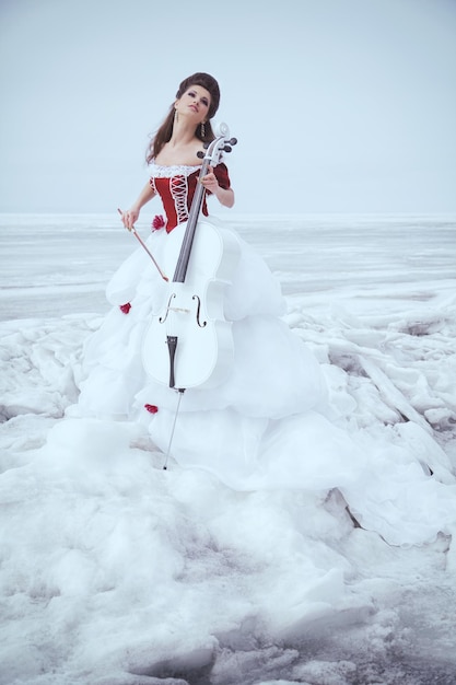 Belle brune dans une robe avec violoncelle