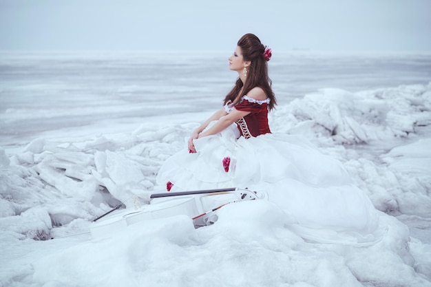 Belle brune dans une robe avec violoncelle