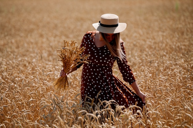 Photo belle brune taille plus dame dans le champ de blé au coucher du soleil.