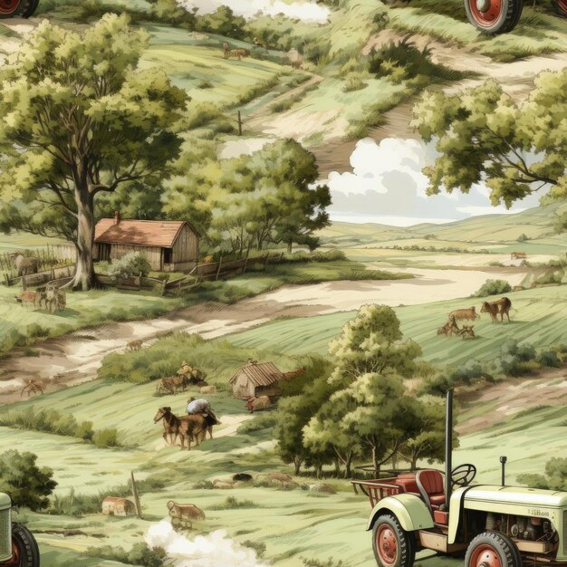 Belle campagne avec une ferme et des tracteurs rouges carrelés