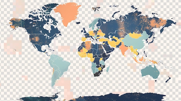 Une belle carte du monde avec une texture grunge La carte présente un schéma de couleurs bleu et brun Les pays sont décrits en noir