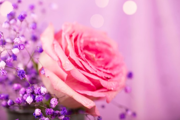 Belle carte d'été avec une rose rose et quelques fleurs violettes et un beau bokeh flou