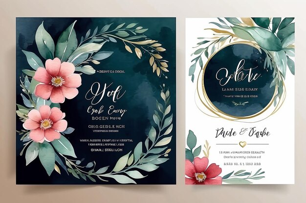 Photo belle carte d'invitation de mariage à l'aquarelle avec des fleurs et des feuillages bohémiens élégants