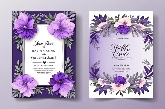 Belle carte d'invitation de mariage aux fleurs et aux feuilles violettes
