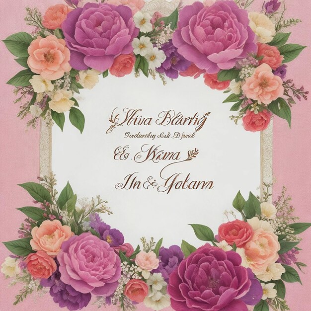 Une belle carte d'invitation de mariage avec un cadre floral de couleur rec
