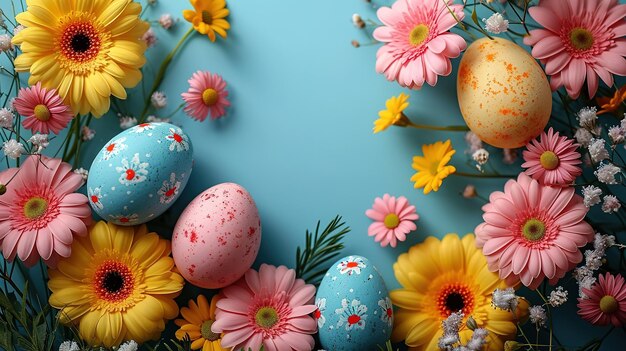 Belle carte postale avec des décorations de Pâques et des œufs de Pâque colorés peints Banner