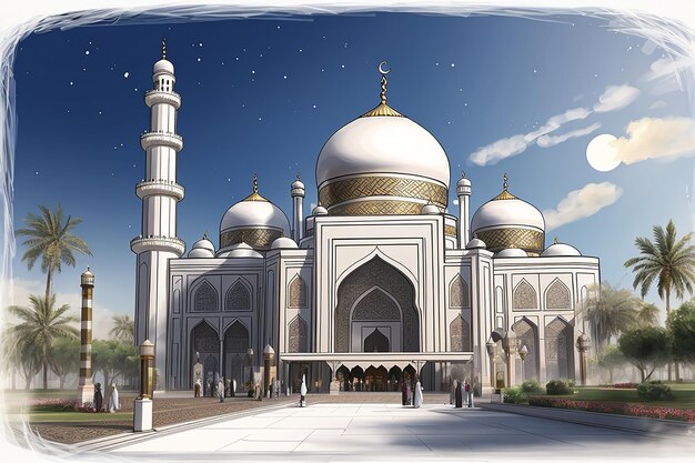 Belle carte de vœux pour le festival d'Eid Mubarak avec une mosquée et une mosquée brillantes