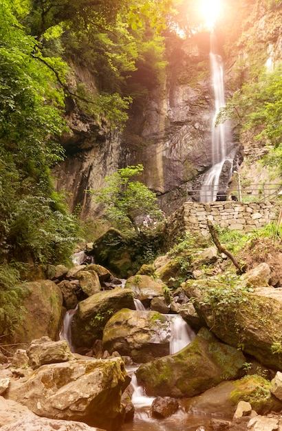 Belle cascade au coucher du soleil en forêt