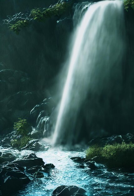 Belle cascade dans une forêt profonde comme une illustration 2D paradisiaque