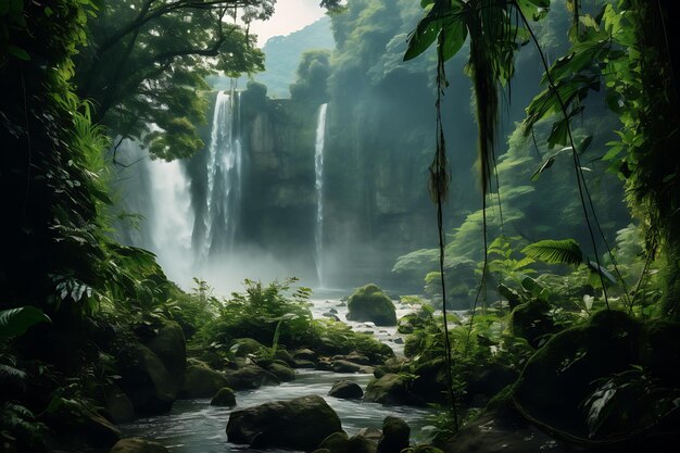 Belle cascade dans la forêt tropicale de Thaïlande Longue exposition