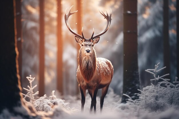 Belle cerf rouge dans la forêt d'hiver au coucher du soleil Scène sauvage de la nature