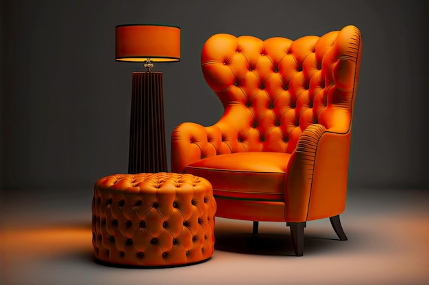 Belle chaise en cuir marron clair avec pouf et lampadaire