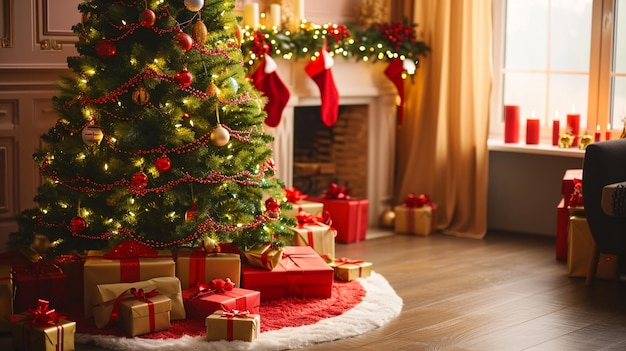 Belle chambre décorée pour les fêtes avec arbre de Noël avec des cadeaux sous Generative Ai