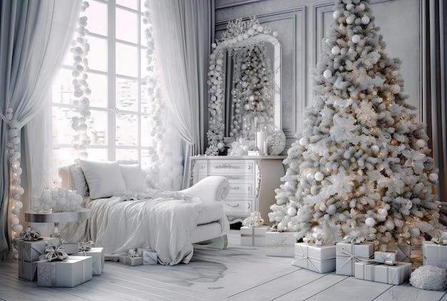 Belle chambre décorée de vacances avec arbre de Noël et cadeaux