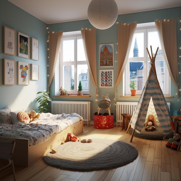 Photo une belle chambre d'enfants scandinave minimale un mur plein d'impressionnante ia générative