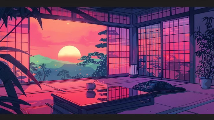 Photo une belle chambre japonaise au coucher du soleil dans un anime de style artistique caricatural l'architecture asiatique cosy lofi