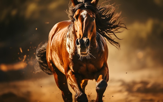 Belle cheval au galop dans le pré au coucher du soleil