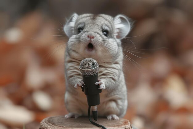 Belle chinchilla avec un microphone dans ses pattes gros plan extrême IA générative