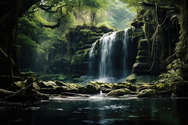 Belle chute d'eau dans la forêt profonde Fond naturel Chute d'eau tonée dans la forêt AI Généré