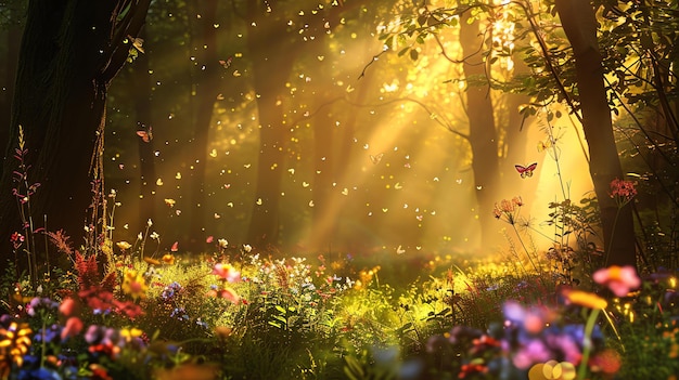 Photo une belle clairière forestière éclairée par le soleil avec une variété de fleurs et de papillons