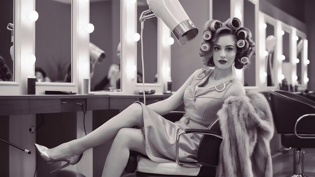 Photo une belle cliente assise sous un sèche-cheveux avec des rouleaux.