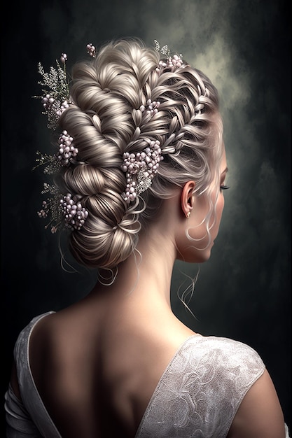 Belle coiffure tressage cheveux gris mariée coiffure élégante avec des fleurs Générative Aix9