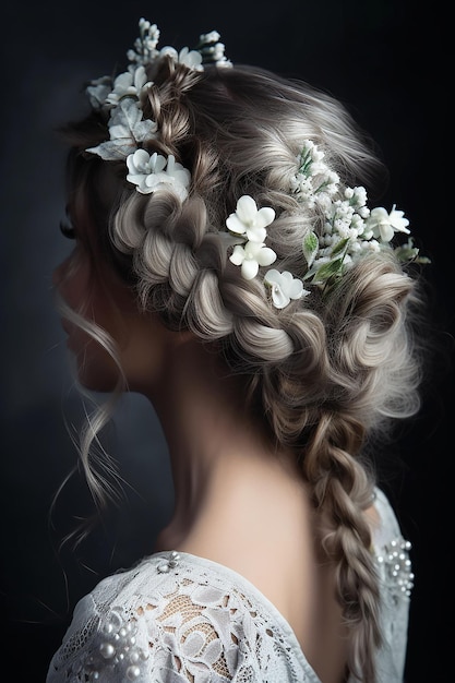 Belle coiffure tressée cheveux gris mariée coiffure élégante avec des fleurs Ai générative