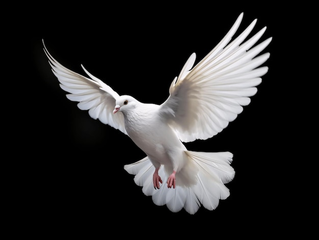 Belle colombe blanche battant des ailes isolée sur fond noir IA générative