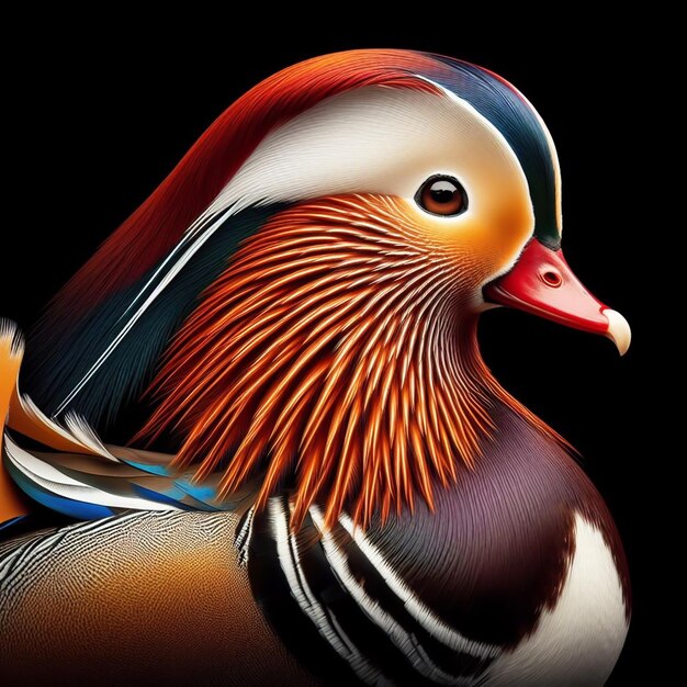 Belle et colorée canard mandarin sur un fond noir Vie sauvage générée par l'IA