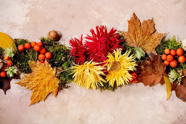 Photo belle composition botanique d'automne mise en page créative avec des fleurs, de la mousse et des feuilles d'automne jaunes